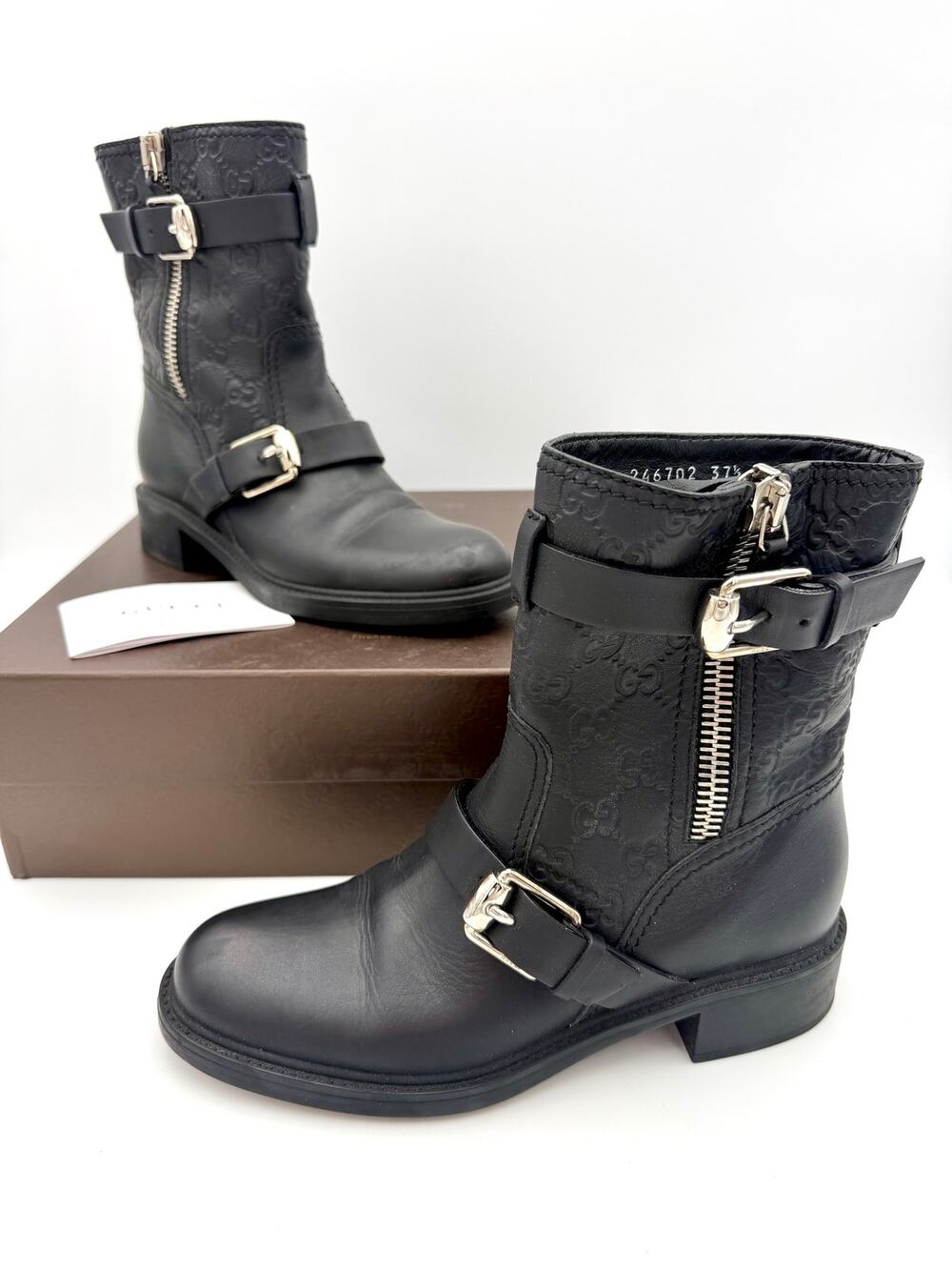 Gucci Bonneville GG Signature Guccissima Leather Moto Boots Size 37.5 / 7.5